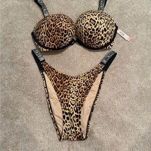 Leopard Print Women's Bombshell push up shine strap Set swim